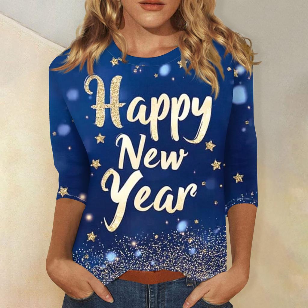 Женская мода повседневная новогодняя принтованная круглая горловина с рукавом три четверти топ Новый год 2025