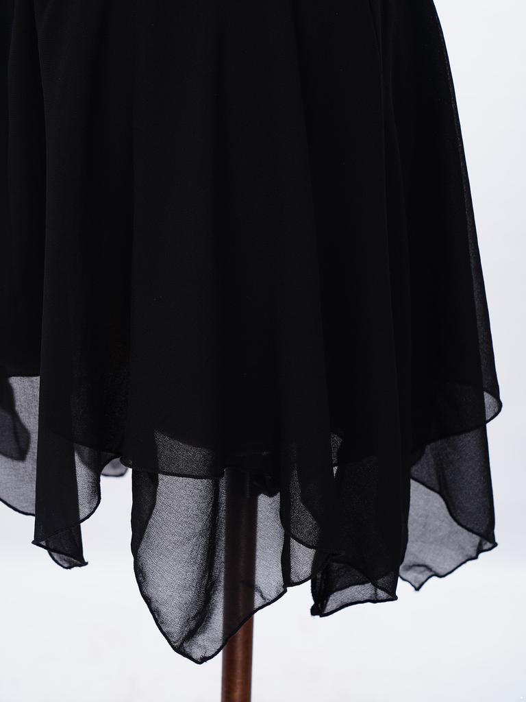 Women Contemporary Dance Leotard Dress Sleeveless Backless Ruched Metallic Mesh Rhinestone Irregular Hem Built-in Briefs for Skating