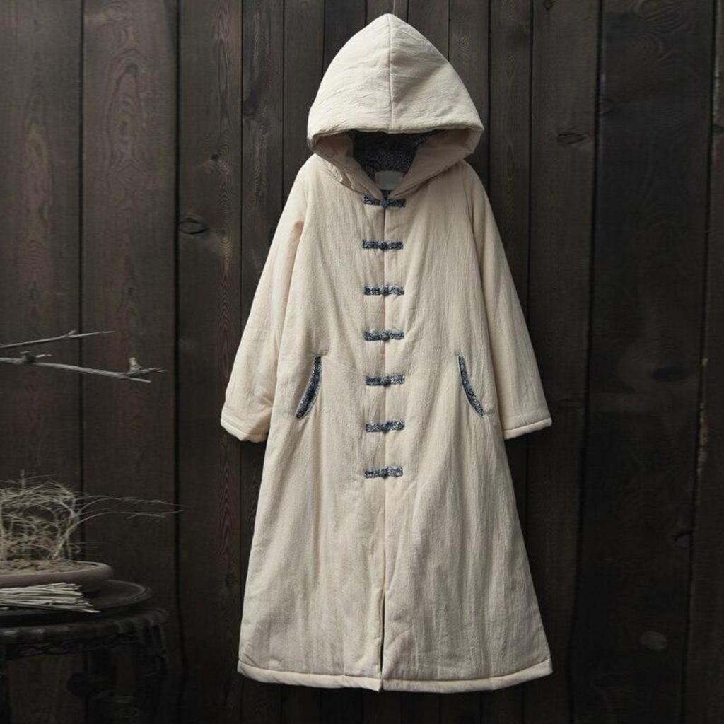 Women Cotton Linen Long Coats Winter A-Line Vintage Button Pockets Female Parkas