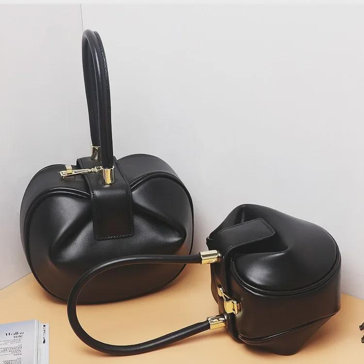 Genuine Leather Women's Wonton Bucket Handbag – Clutch, Shoulder Bag, Small Round Crossbody