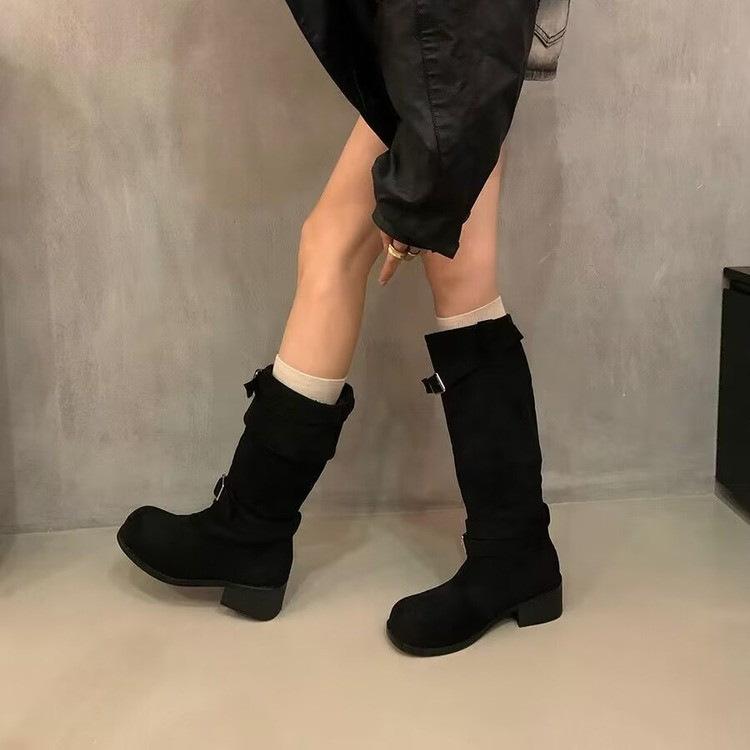 Сапоги женские 2025 осень и зима новые толстые каблуки с круглым носком ретро ковбойские сапоги в стиле вестерн два износа колена модные сапоги