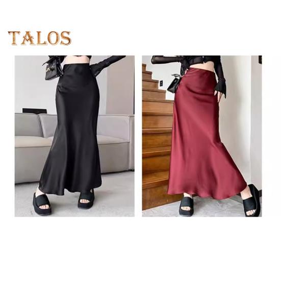 Women Fishtail Skirt High Waist Fishtail Hem Maxi Skirt Solid Color Retro Satin Texture Hip Wrapped Skirt