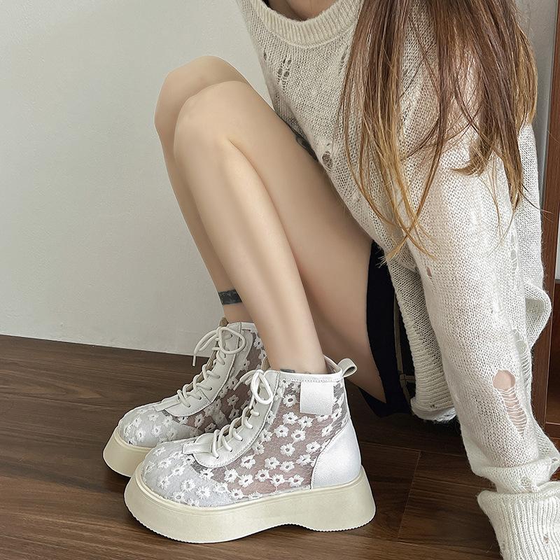 2025 Новые женские сандалии Толстая подошва Кружево Сетка На шнуровке Вышивка Женские ботинки Платье Лес Противоскользящая подошва Дышащие Zapatillas