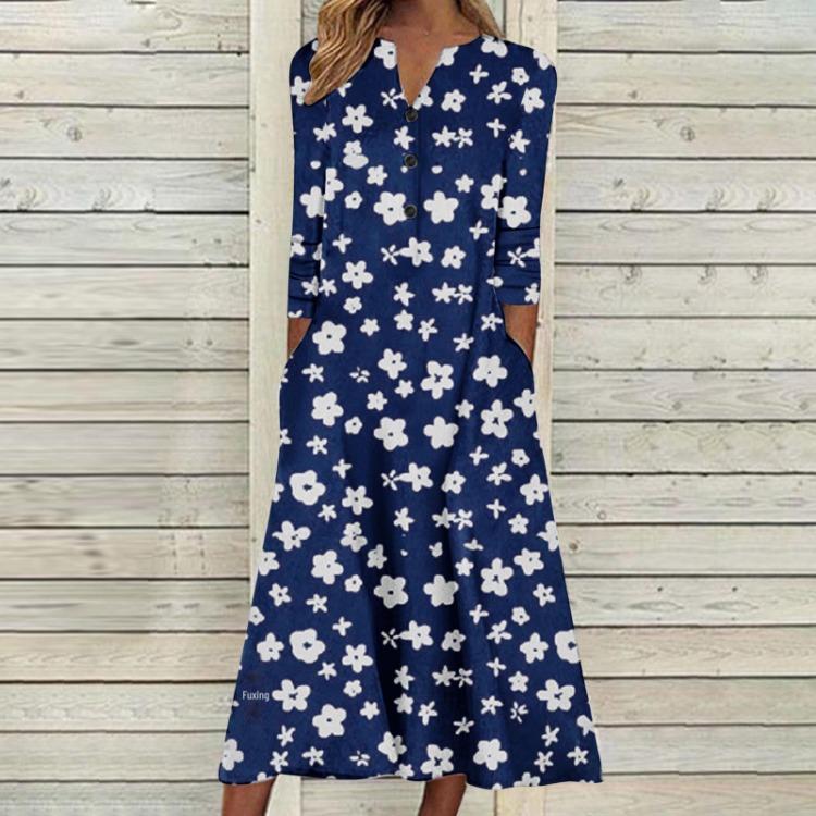 Женское осеннее платье макси с принтом, длинный рукав, открытая грудь, юбка