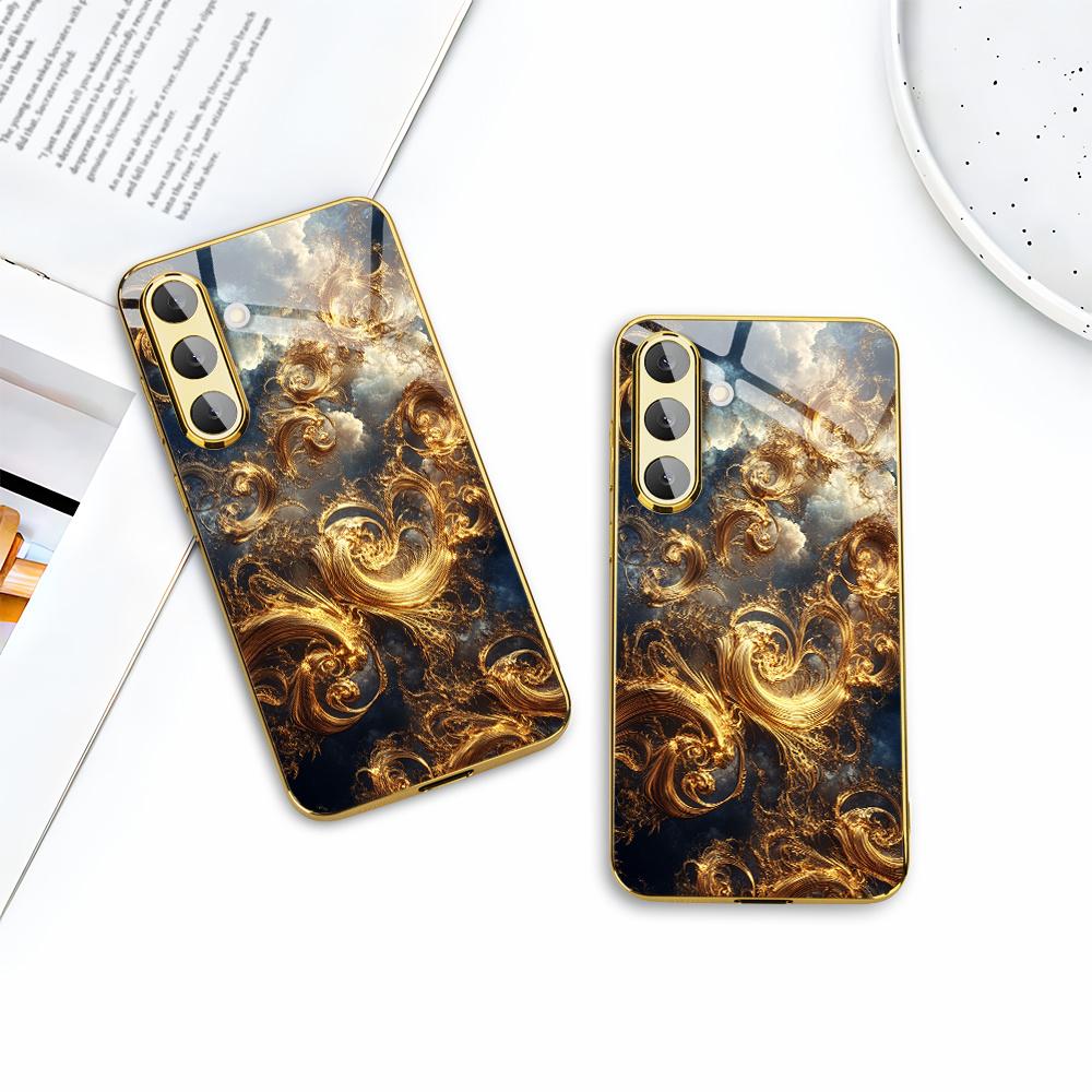 Позолоченный чехол для телефона из закаленного стекла, совместим с Galaxy S26, S25, S24, S23 и S22 Ultra Plus. Имеет золотой текстурированный дизайн
