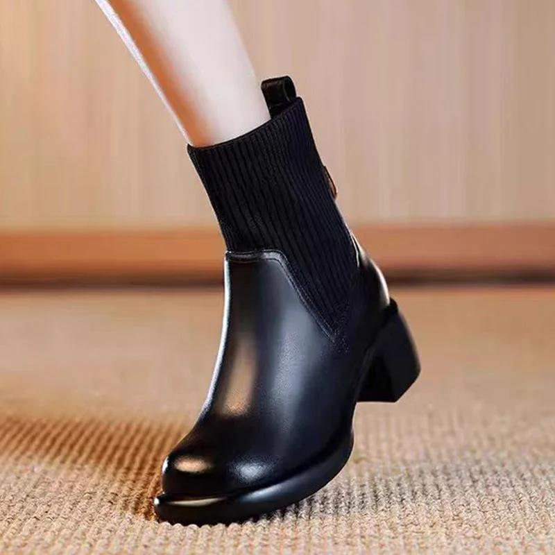 Зимние кожаные женские зимние ботильоны на среднем каблуке в стиле ретро, дизайнерские ботинки челси 2024 года, классические массивные туфли в готическом стиле, женские ботинки