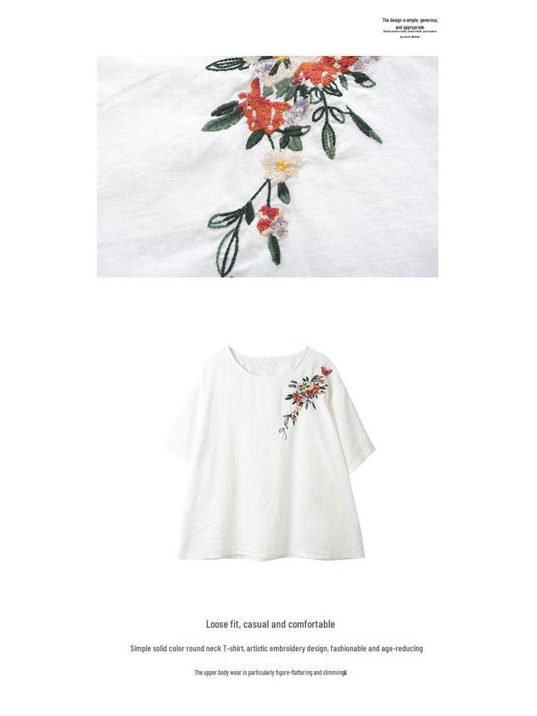 Женская ретро футболка в корейском стиле большого размера с вышивкой из хлопка и льна