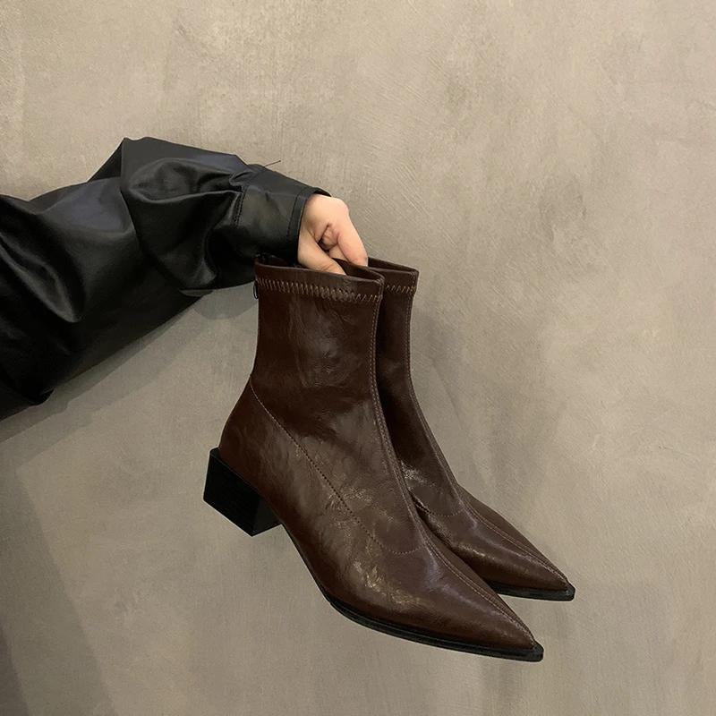 Дизайнерские женские ботильоны, модные, с острым носком, короткие, эластичные, осенне-зимние, женские, лаконичные, на толстом каблуке
