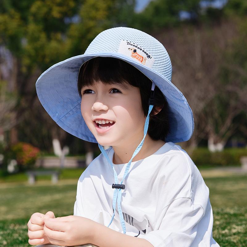 Kids Summer UV Protection Sun Hat Boys Girls Cartoon Mesh Breathable Wide Brim Fisherman Cap for Outdoor Shade