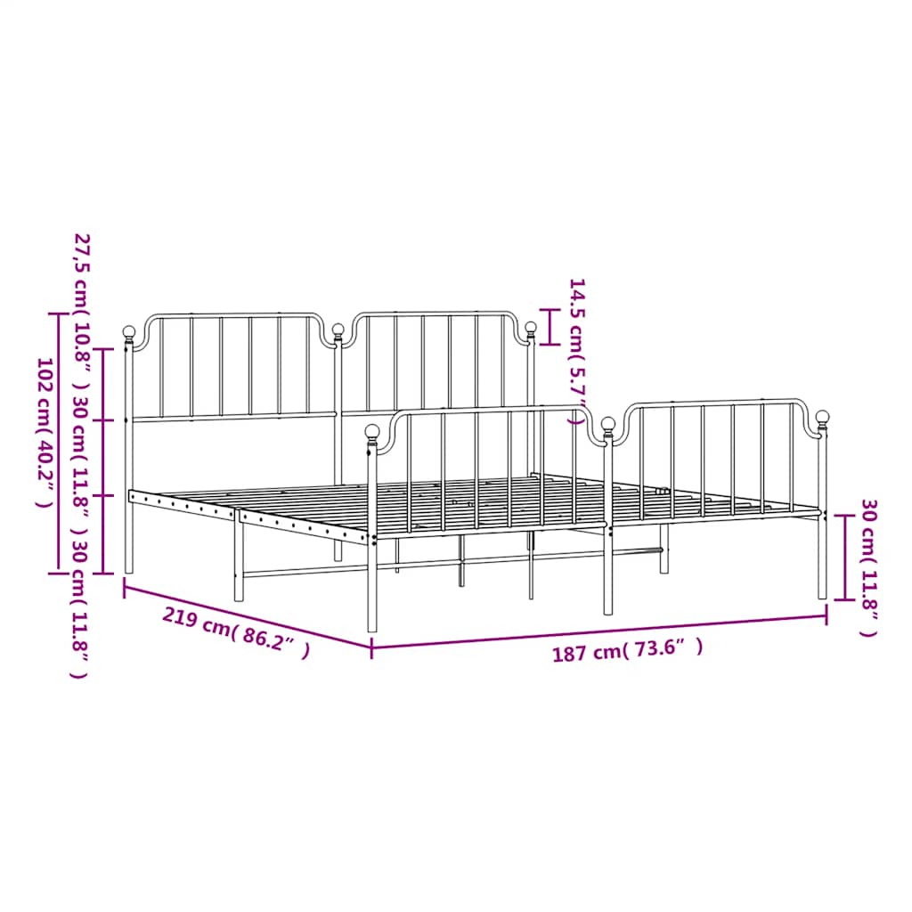Metal Bed Frame with Headboard and Footboard Black 183 x 213 cm