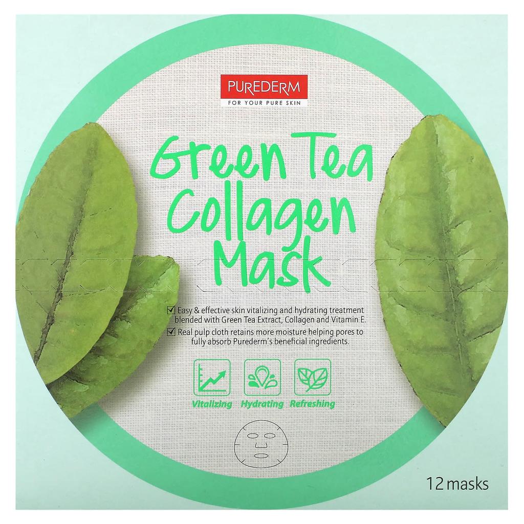 Green Tea Collagen Beauty Mask, 12 Sheets, 18G (0.63Oz) Each