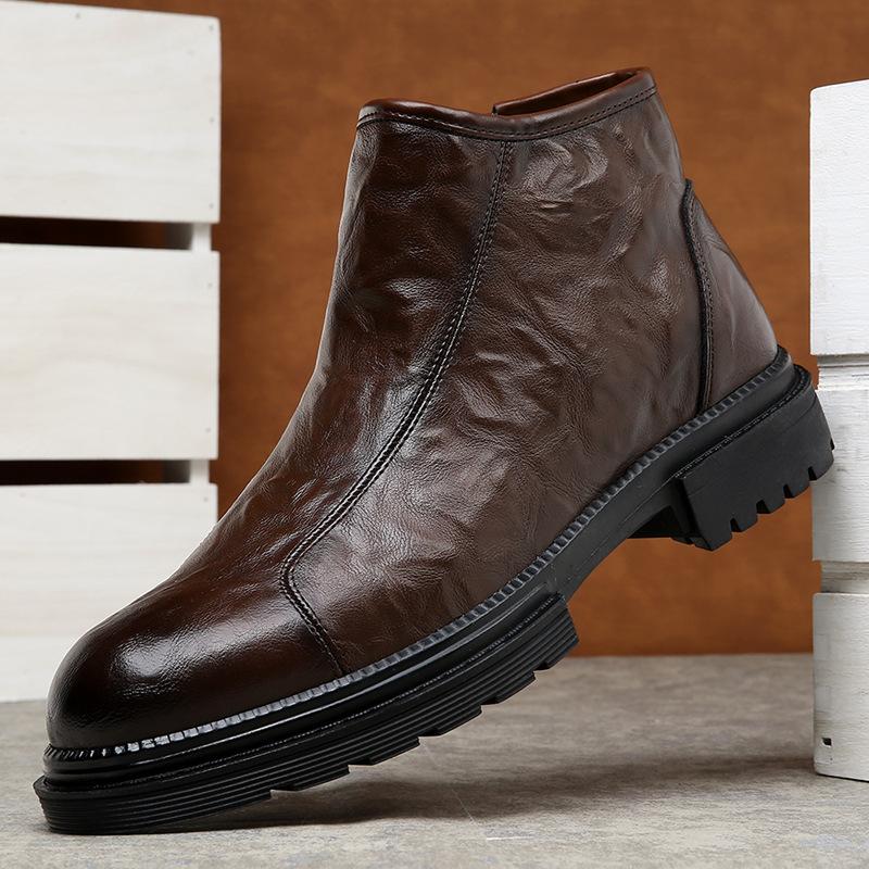 Модные новые кожаные ботинки на молнии сбоку, мотоциклетные ботинки из натуральной кожи, полусапоги челси средней высоты для мужчин с увеличением роста