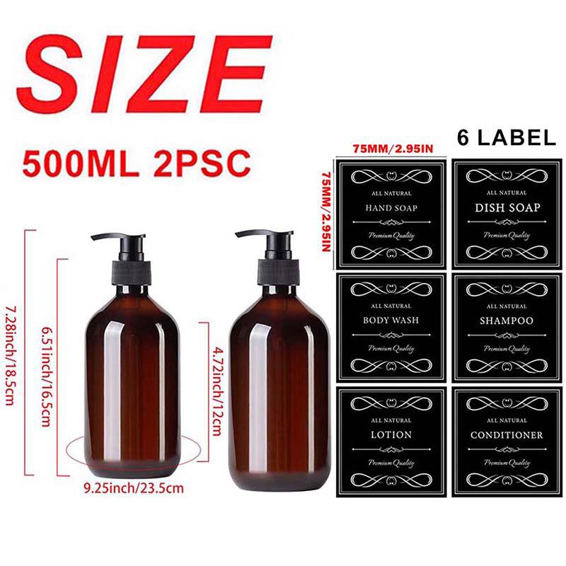 500 мл 2 упаковки ПЭТ-бутылки с дозатором-насосом Бутылка-дозатор для мыла Шампунь-лосьон Бутылка-насос для душа Контейнер для жидкости с 6 водонепроницаемыми этикетками