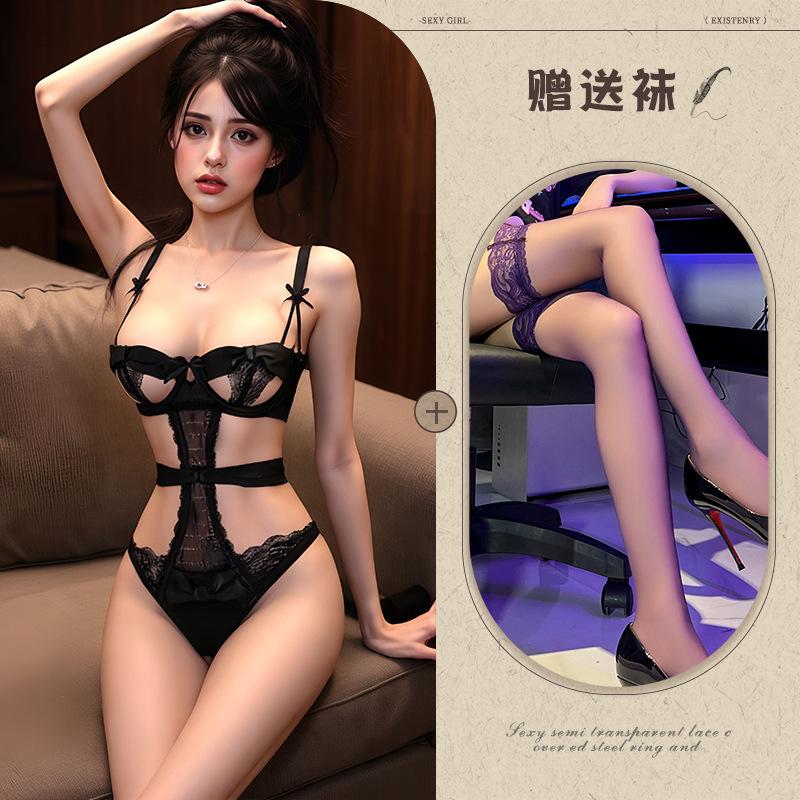Sexy lingerie suspender onesie lace seduction uniform hollow sexy small chest women with steel ring