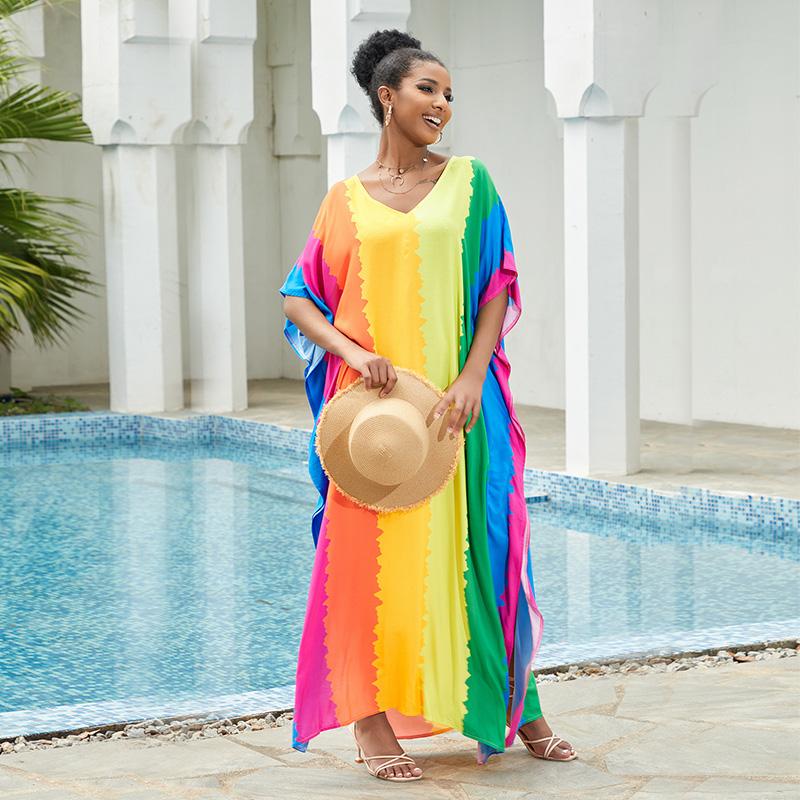 EDOLYNSA Plus Size Bathing Cover Up Boho Colorful Printed Kaftan Dress Bat Sleeve Long Tops Wedding Guest Dress Q1546
