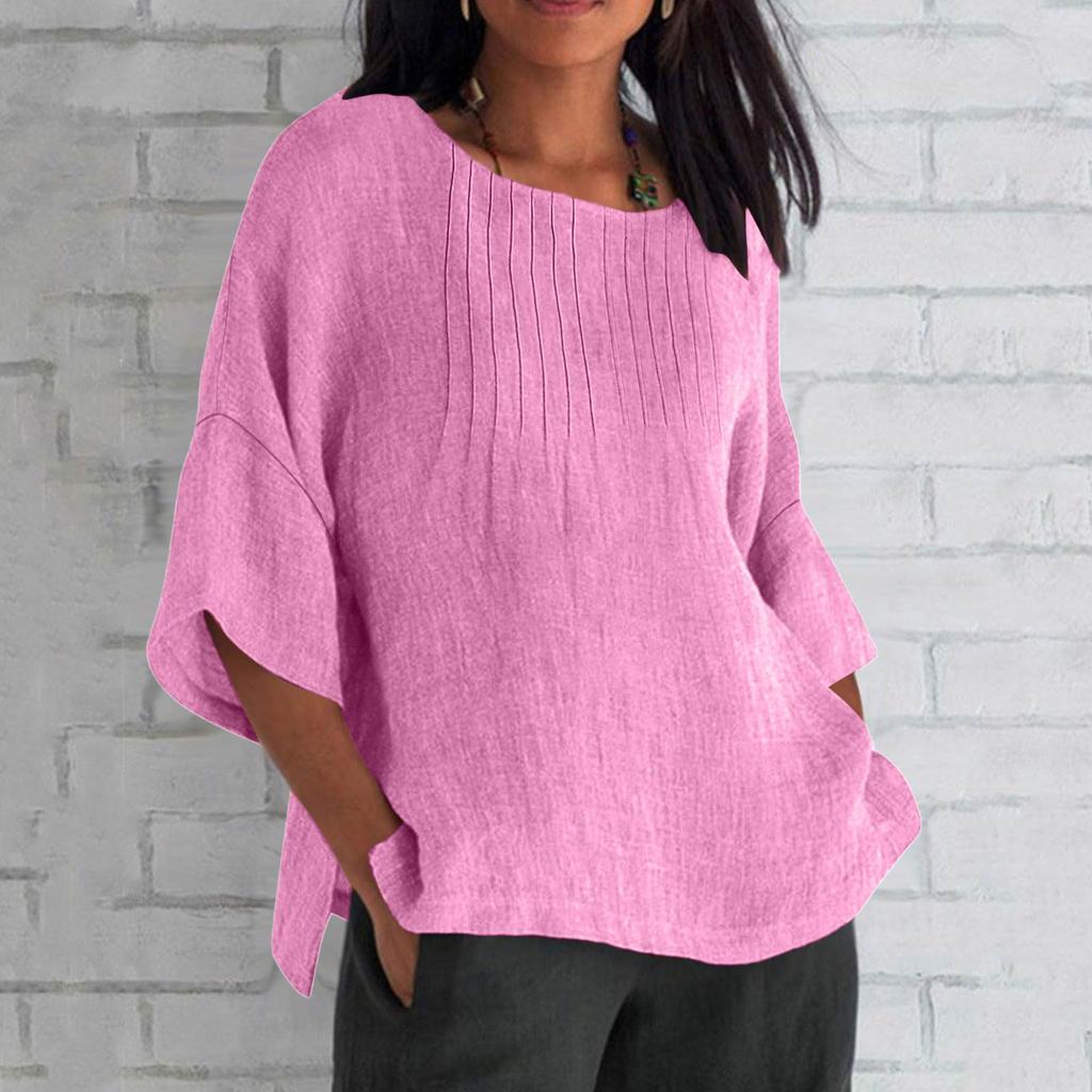 Women's Fashion Seven-Part Sleeve Pleated Round Neck Solid Colour Loose Casual Shirt Top