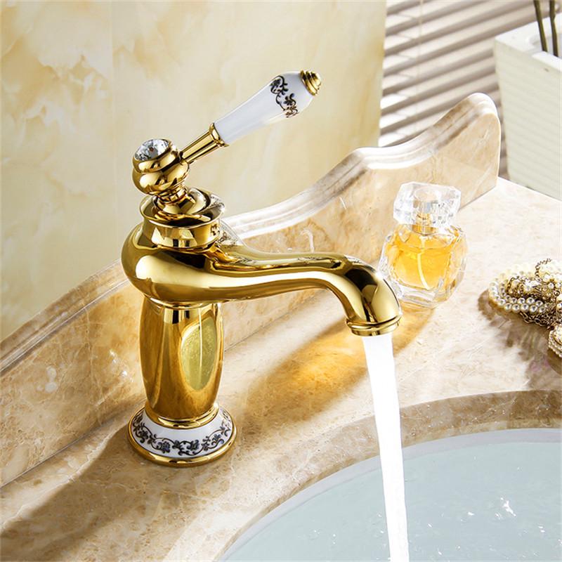 Basin Faucets Modern Faucet Bathroom Faucet Gold Finish Hot & Cold Brass Basin Sink Faucet Single Handle with Ceramic Taps M-16K