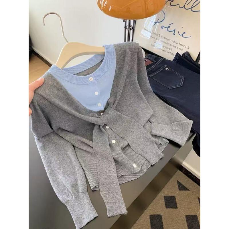 Contrasting Color Fake Two-piece Long-sleeved Knitted Sweater Women's Thin New High-end Top, Early Autumn Atmosphere Wear