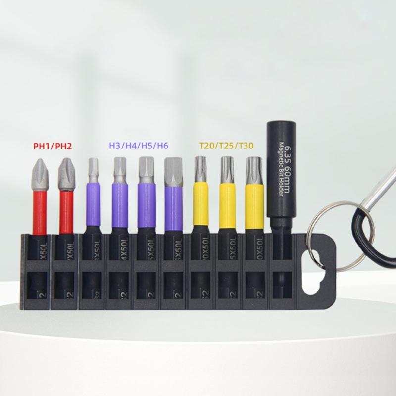 10Pcs Industrial Strength Screwdriver Bit Support Steel Construction Magnetic Extension Rod Storage Rack Carabiner Ready