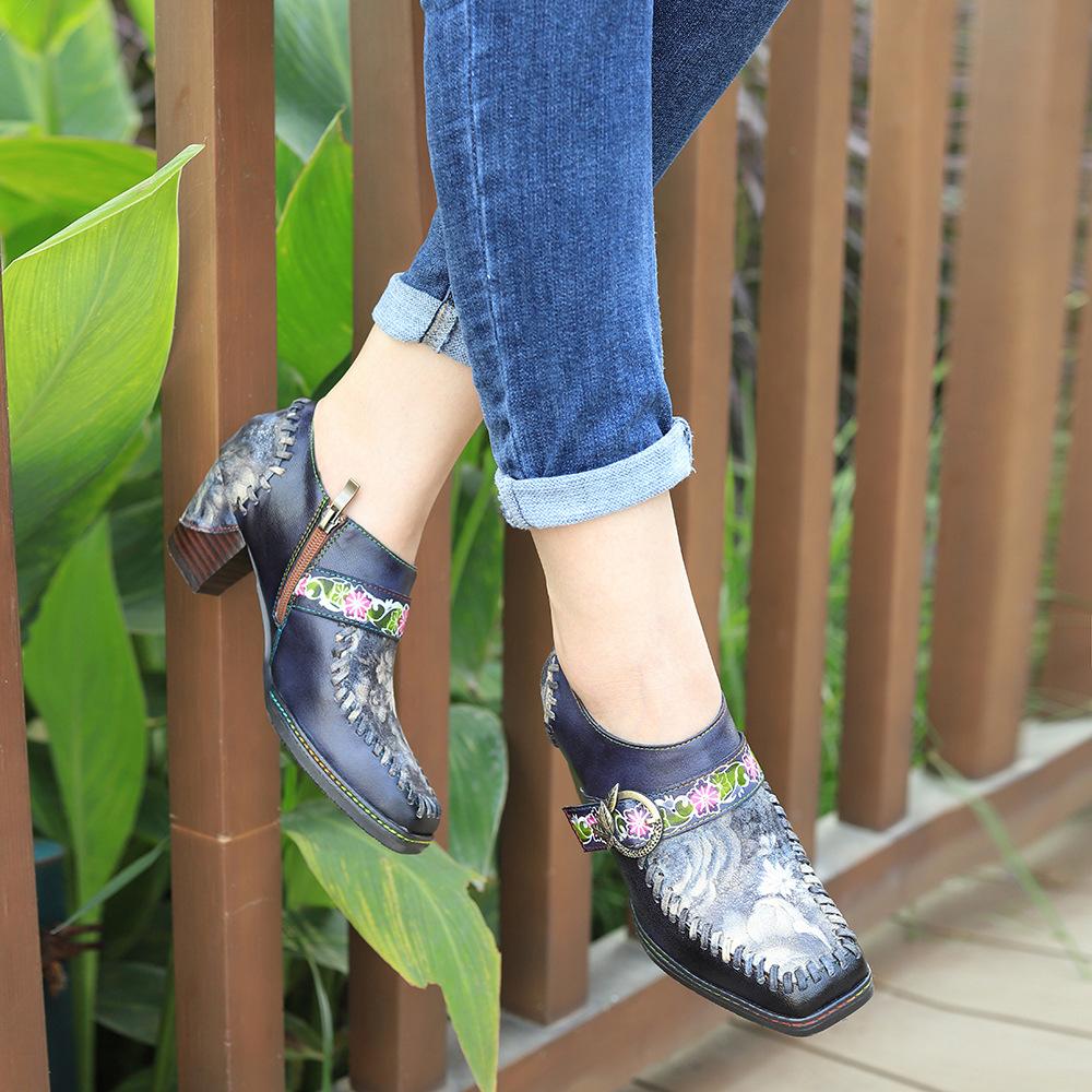 Туфли-лодочки из натуральной кожи на высоком каблуке с тиснением в стиле ретро и ручной росписью, универсальная женская обувь