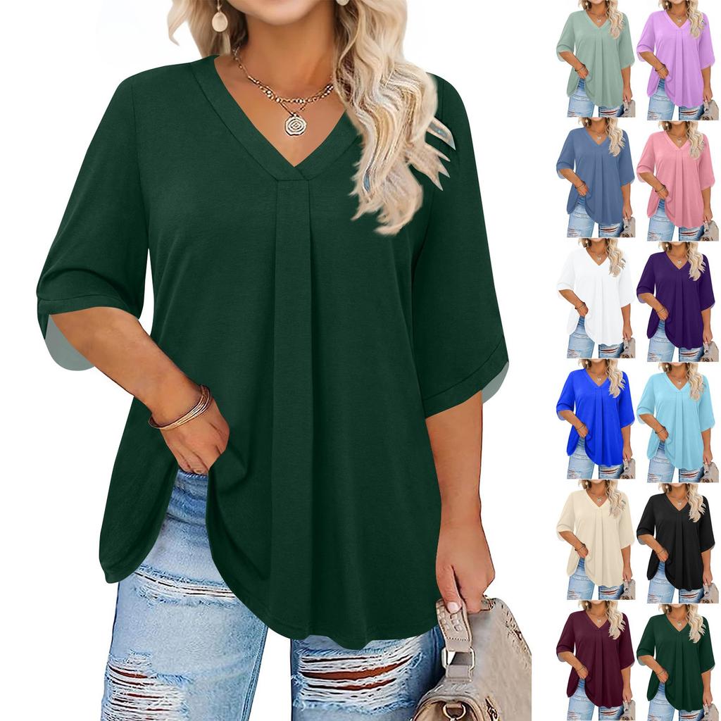 Women's Fashion Large Size Solid Color V-Neck Three-quarter Sleeve Top