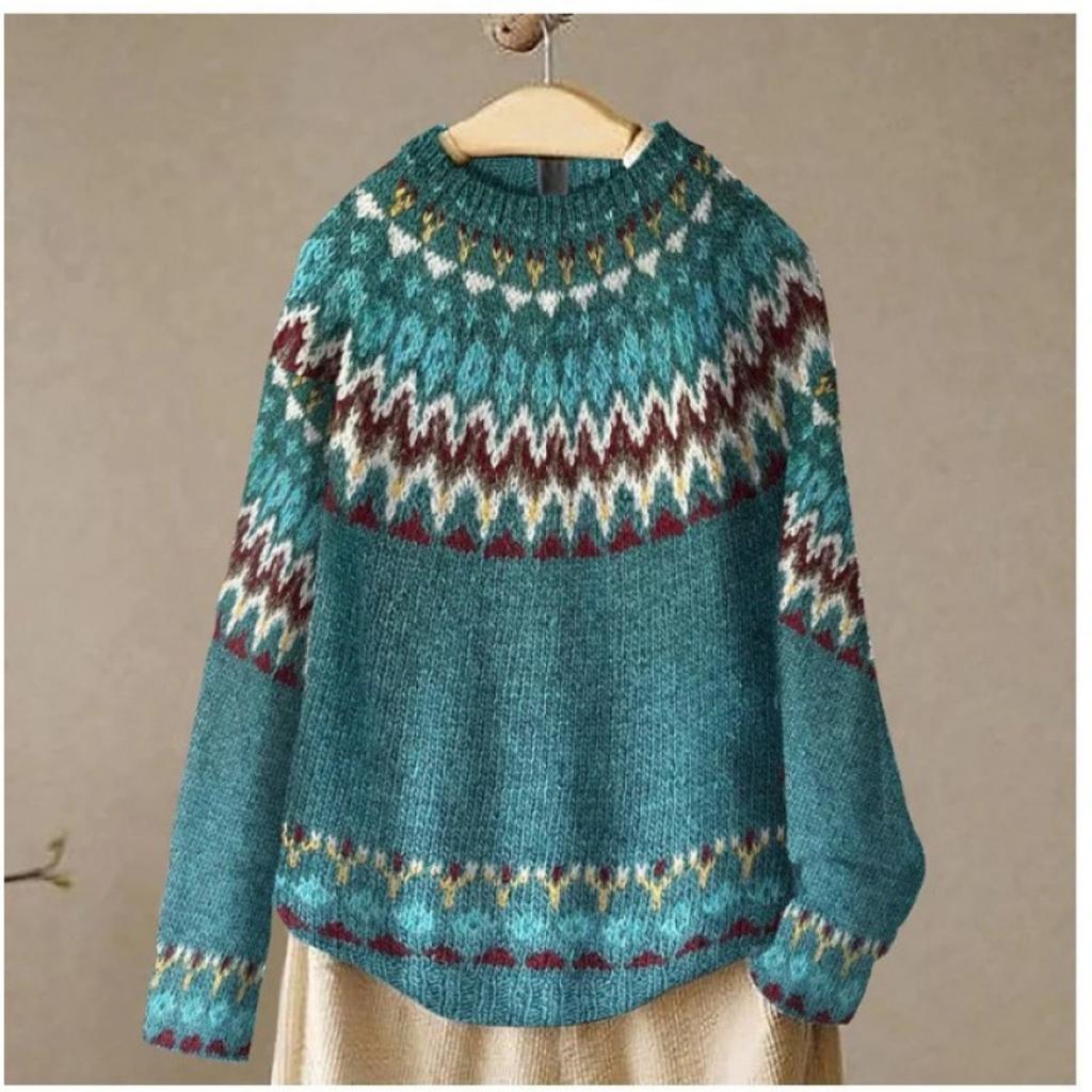 Women's Round Neck Color Blocked Loose and Fashionable Pullover Knitted Sweater for Autumn and Winter