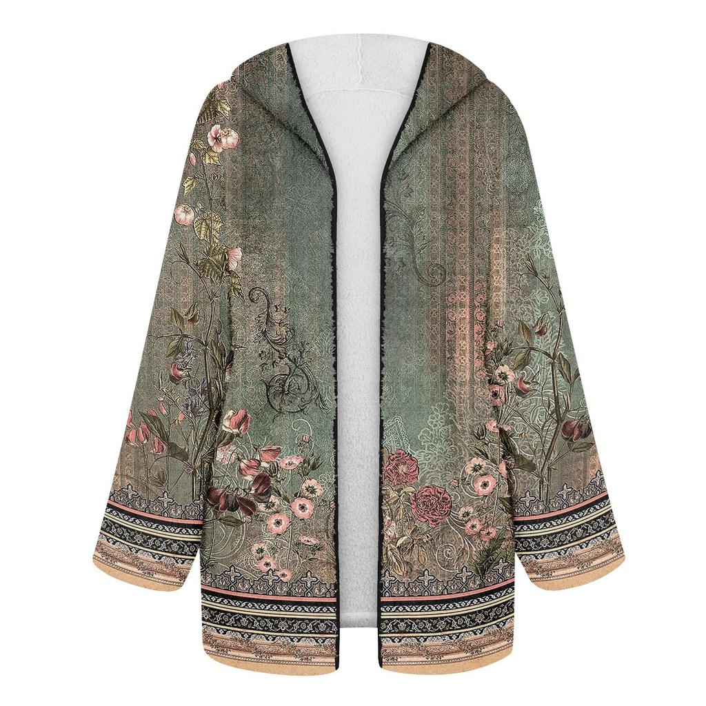 Женская модная зимняя плюшевая куртка с цветочным принтом и длинными рукавами