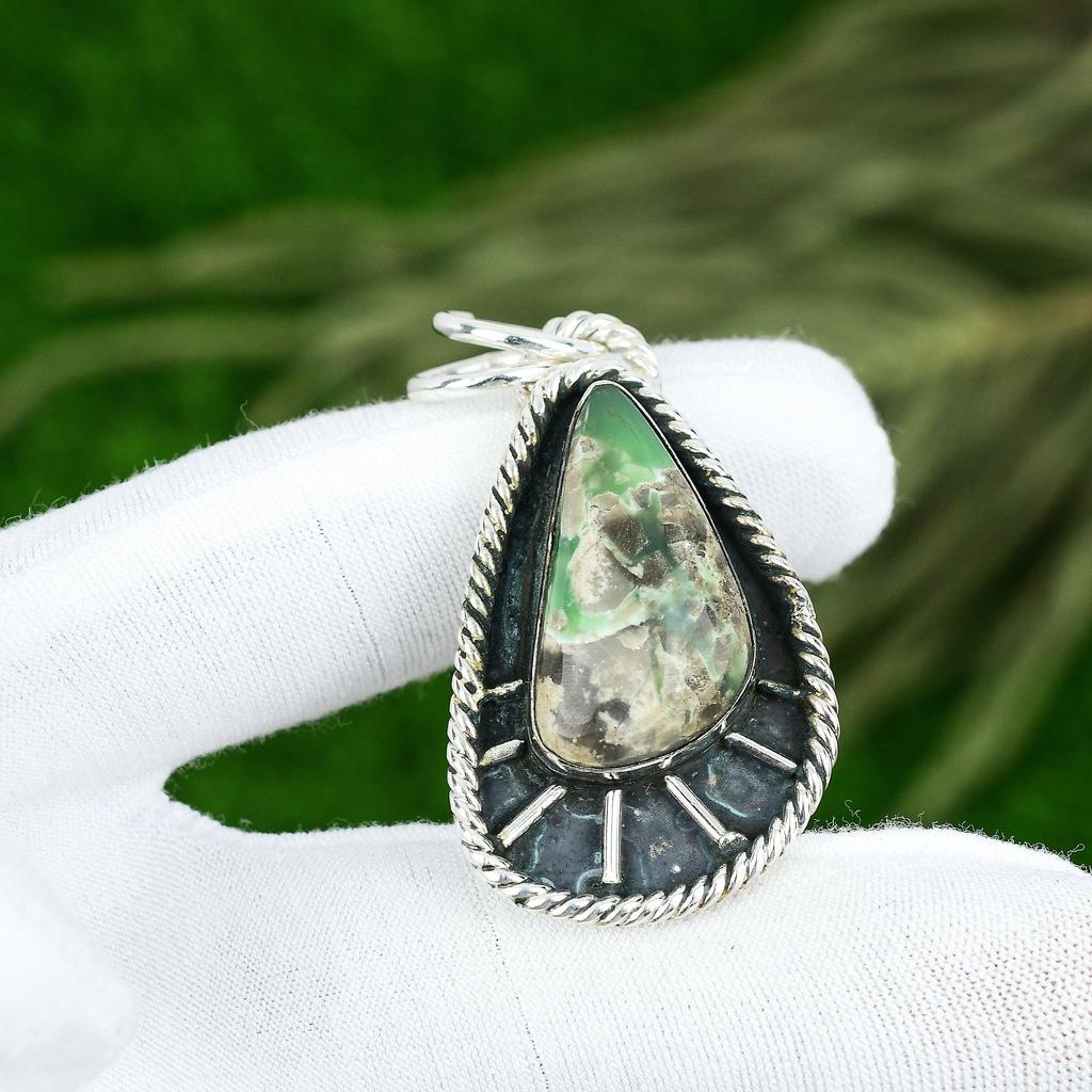 Sterling Silver Pear Variscite Stone Bezel Elegant Artisan Boho Pendant Jewelry