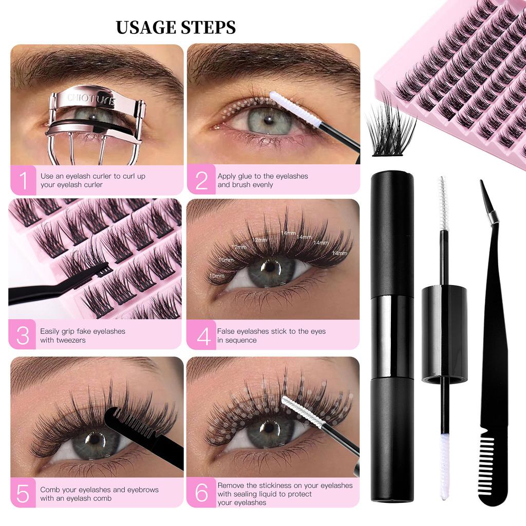 Segmented Multi-Hair Glue Tweezers Set, Natural Thick False Eyelashes C-Song Single Cluster Eyelashes