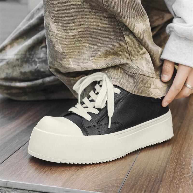 Fashion Men Casual Outdoor Antiskid Thick Bottom Sneakers Fashion Round Toe Lace-Up Tenis Masculino Shoe Genuine Leather Comfy Flat Shoe