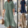 Summer Women Dress Lapel Long Sleeve Ruffle Patchwork Pleated Loose A-line Big Hem Half Single-breasted Ankle Length Thin Breathable Casual Dress