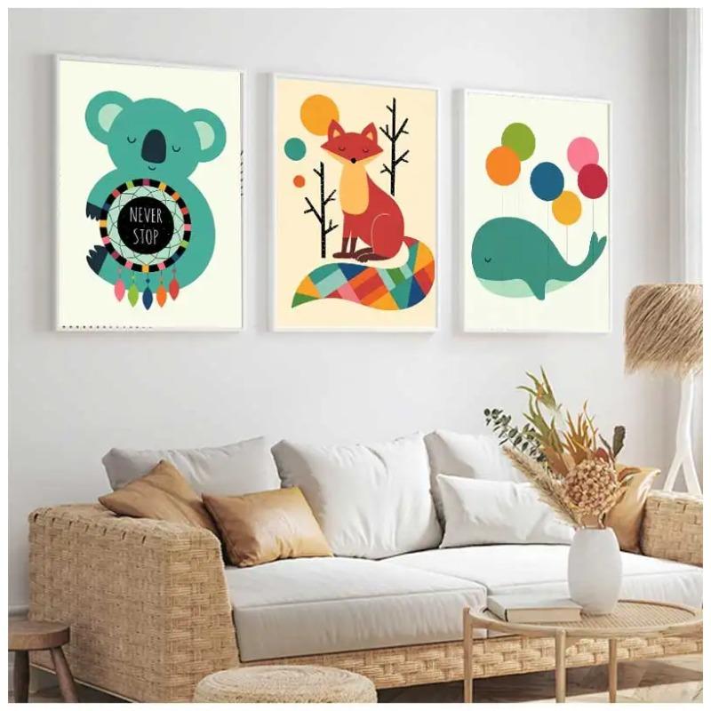 Canvas Painting Nordic Child Poster Fox Elk Raccoon Koala Cartoon Animal Print Modular Wall Art Pictures for Kids Room Decor
