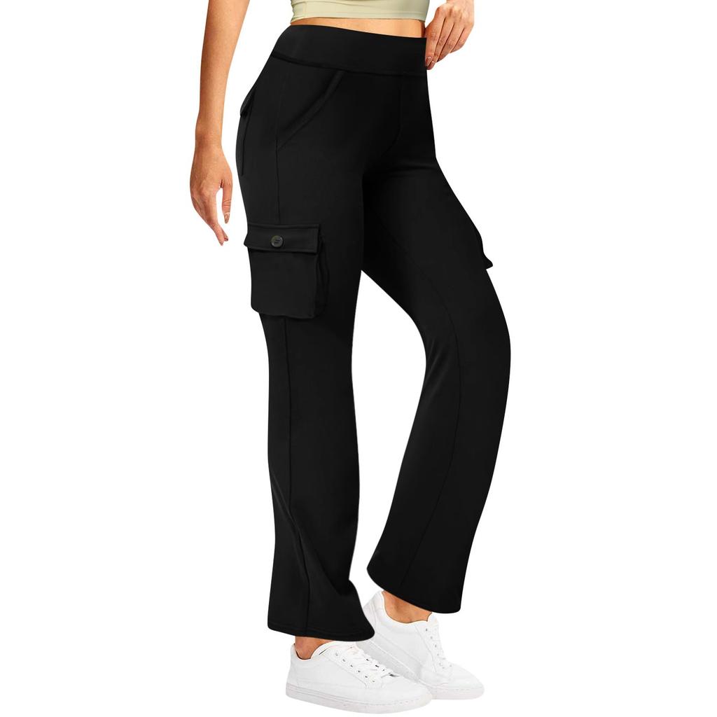 Женские модные космические боковые карманы, эластичная талия, пуговицы, однотонные брюки с несколькими карманами