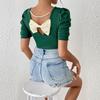 Women's Round Neck Pleated Puff Short Sleeve T-Shirt Bow Top