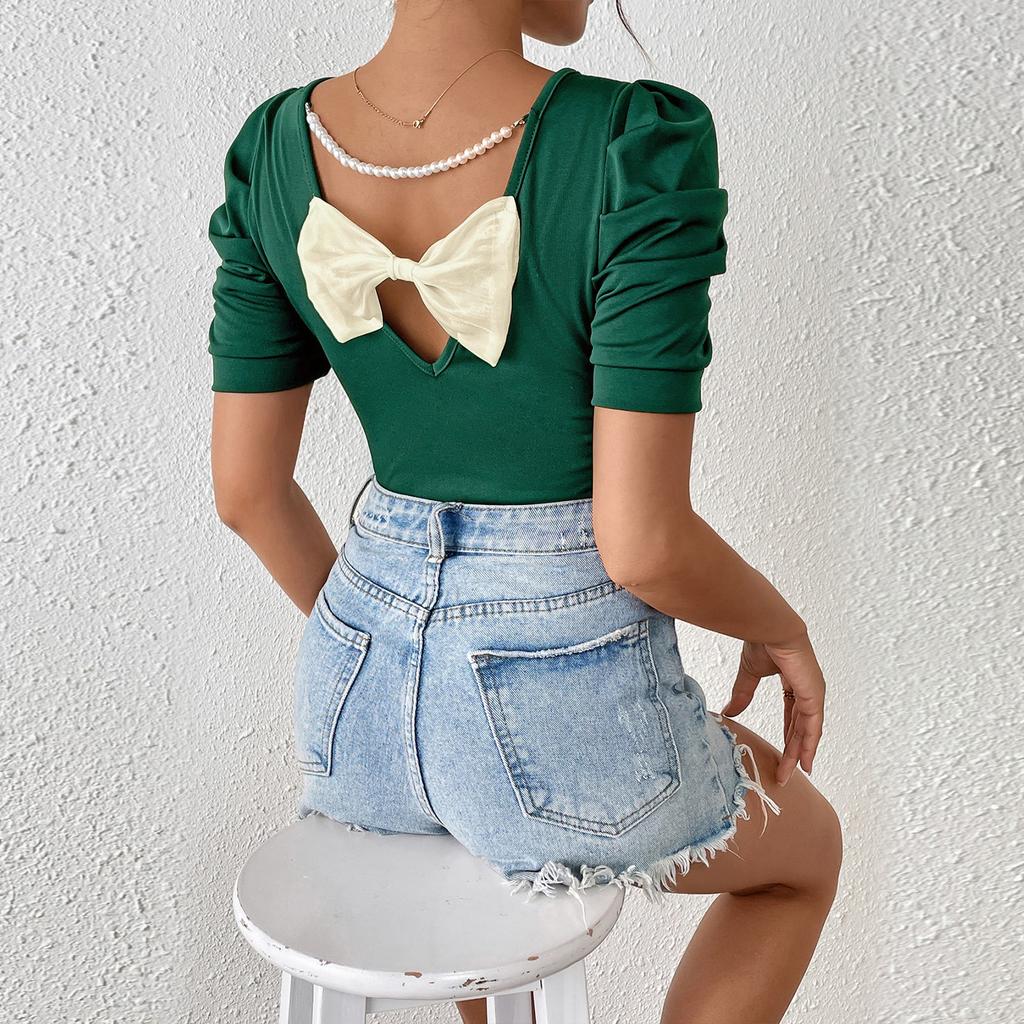 Women's Round Neck Pleated Puff Short Sleeve T-Shirt Bow Top