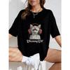 Oversized T Shirt White Cat With Headphones And Chatting Cat Text Casual Wear For Women Summer Streetwear Fashion Top