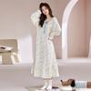 Nightdress Women'S Pure Cotton Gauze Long Sleeves Sweet Floral Spring And Autumn Medium And Long Dresses Loungewear