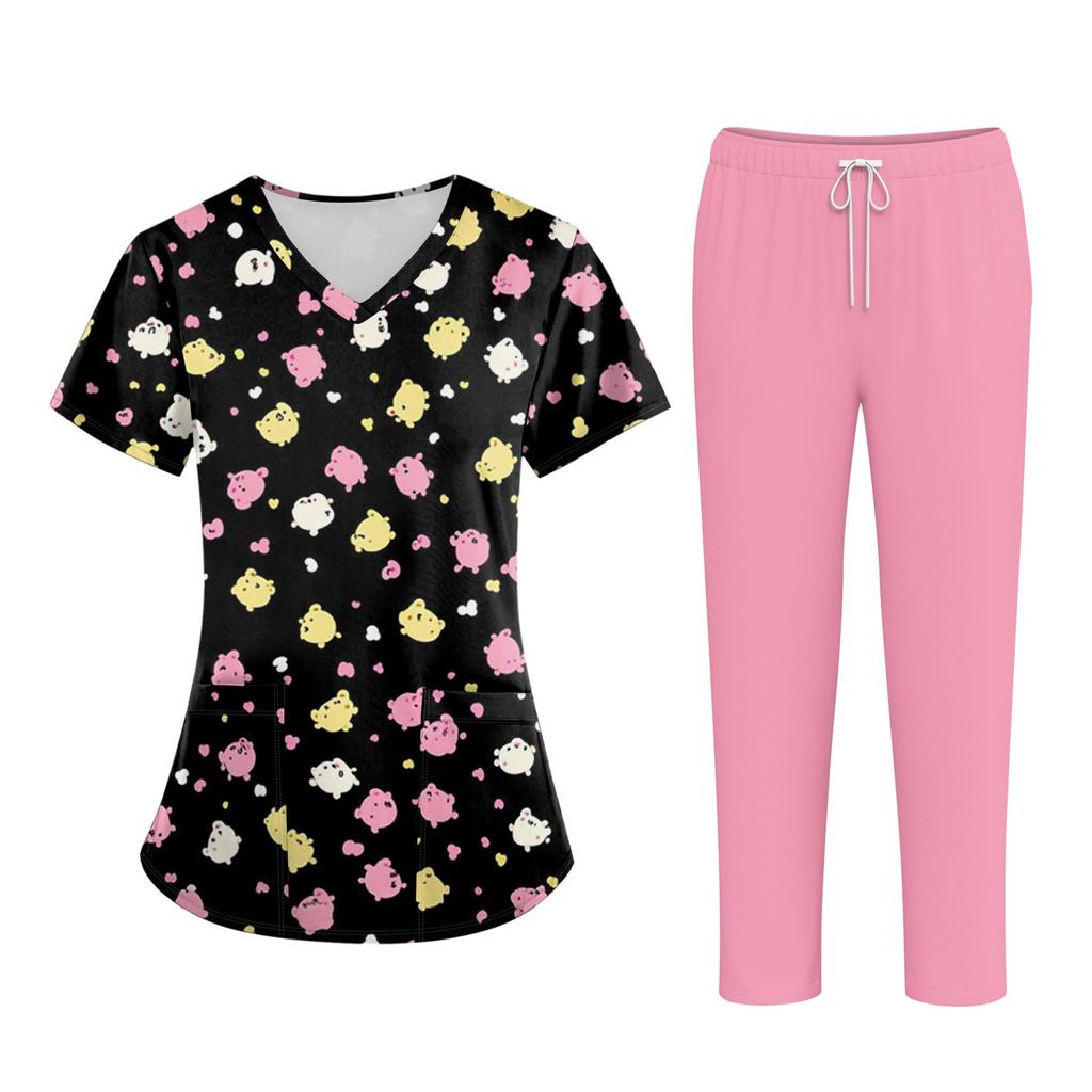 Плюс размерСкраб с принтом Рабочая форма Топы для женщин Крест V-образным вырезом Хэллоуин Принт с короткими рукавами Забавные футболки Спецодежда Футболка с карманами