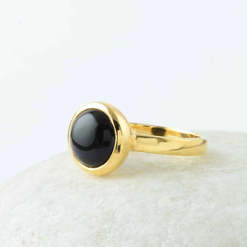 Black Onyx Gemstone Ring, Solid 925 Sterling Silver Ring, Yellow Gold Ring, Handmade Jewelry, Statement Ring, Women Ring