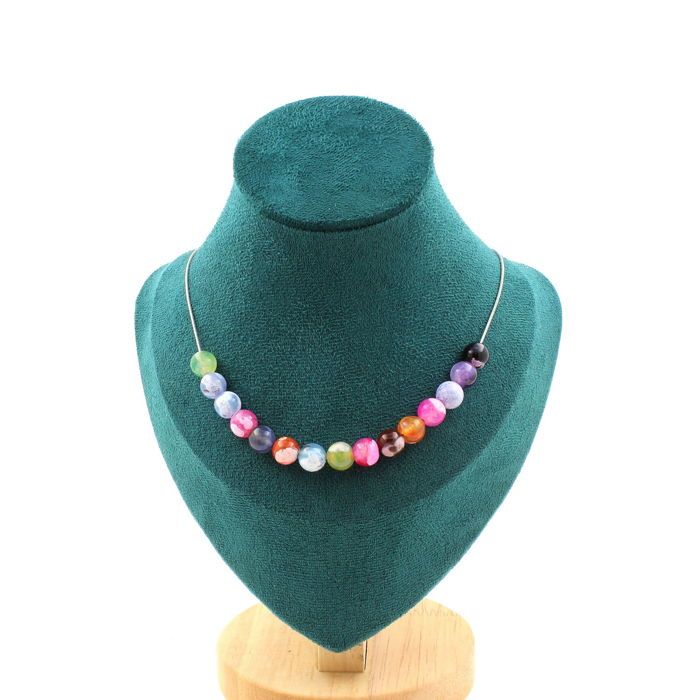 Stones and Minerals. Necklace 15 Beads Cracked Agate Fuchsia Multicolor 8 Mm Stainless Steel Chain.