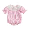 Baby Girl Short Sleeve Romper Letter Embroidered Plaid Smocked Round Neck Ruffled Summer Jumpsuits