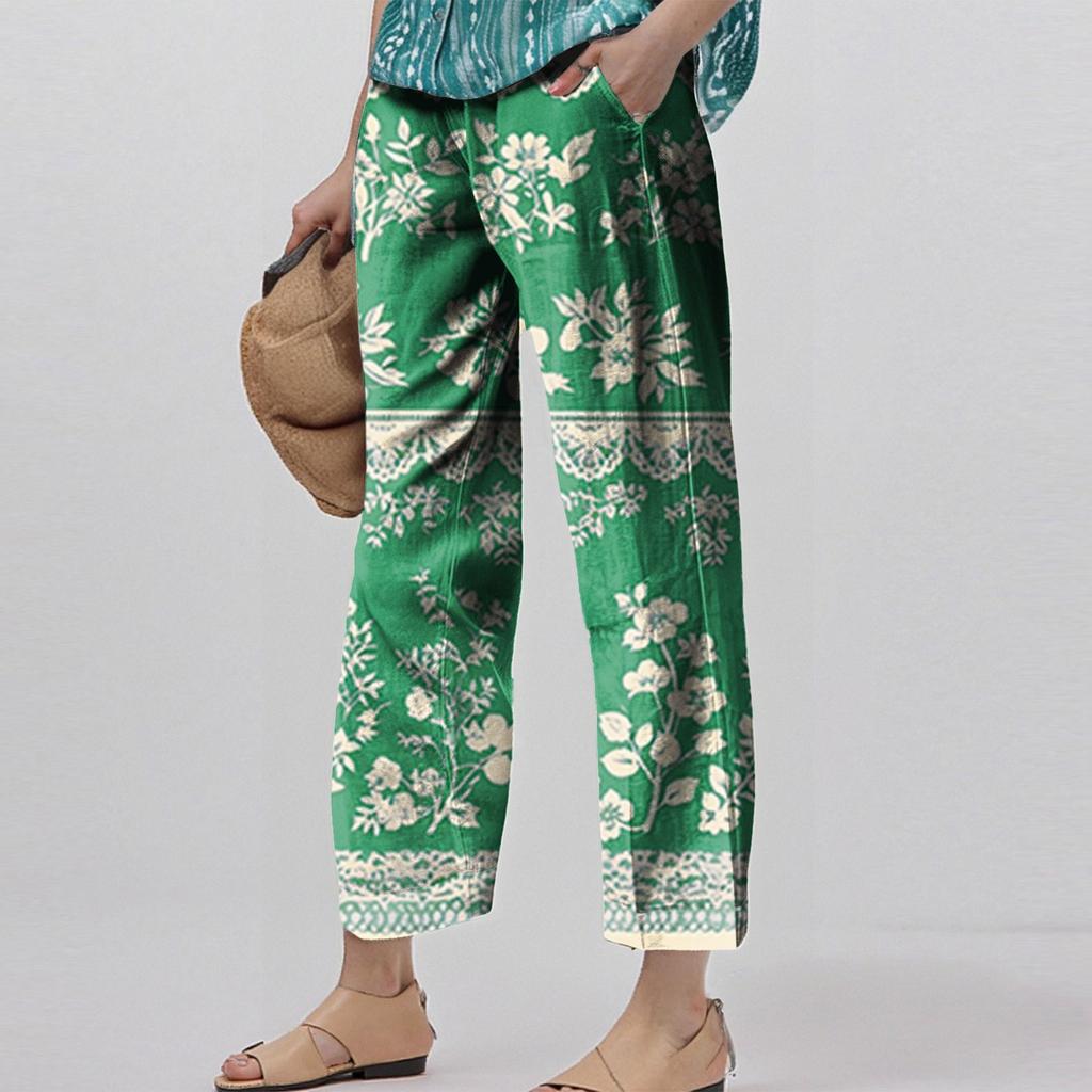 Женские модные повседневные брюки с цветочным принтом, прямые брюки с карманами и эластичной талией