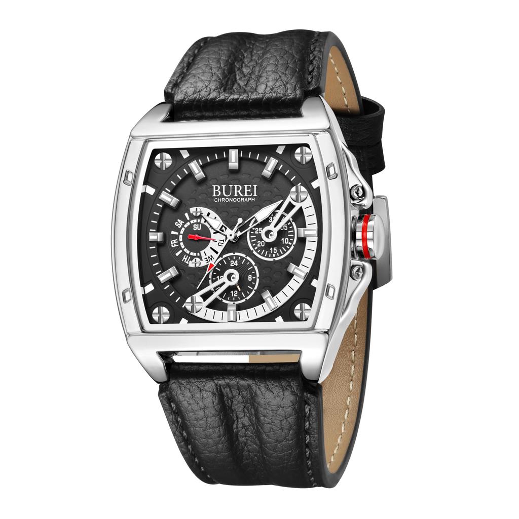 BUREI Men's Chronograph Analog Quartz Watch with Square Design, Waterproof, Black Leather Strap, Date Display, Selection