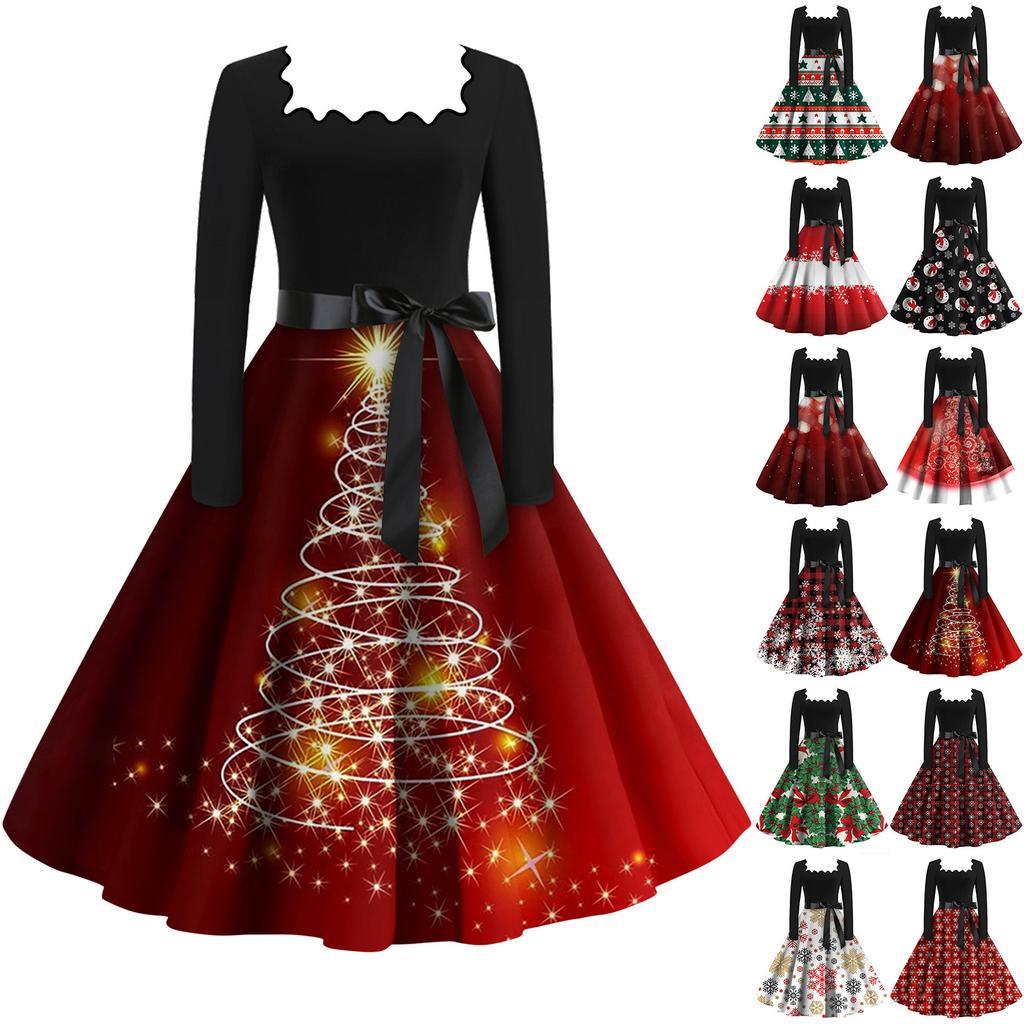 Women's Fashion Square Neck Casual Slim Christmas Printed Long Sleeve Dresses