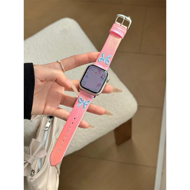 Ремешок для часов с милой вышивкой бантом Aurora кожаный ремешок для Apple Watch ремешок 8 49 9 7 SE 6 для iWatch 45 42 44 40 MM Girl Lovely Bracelet