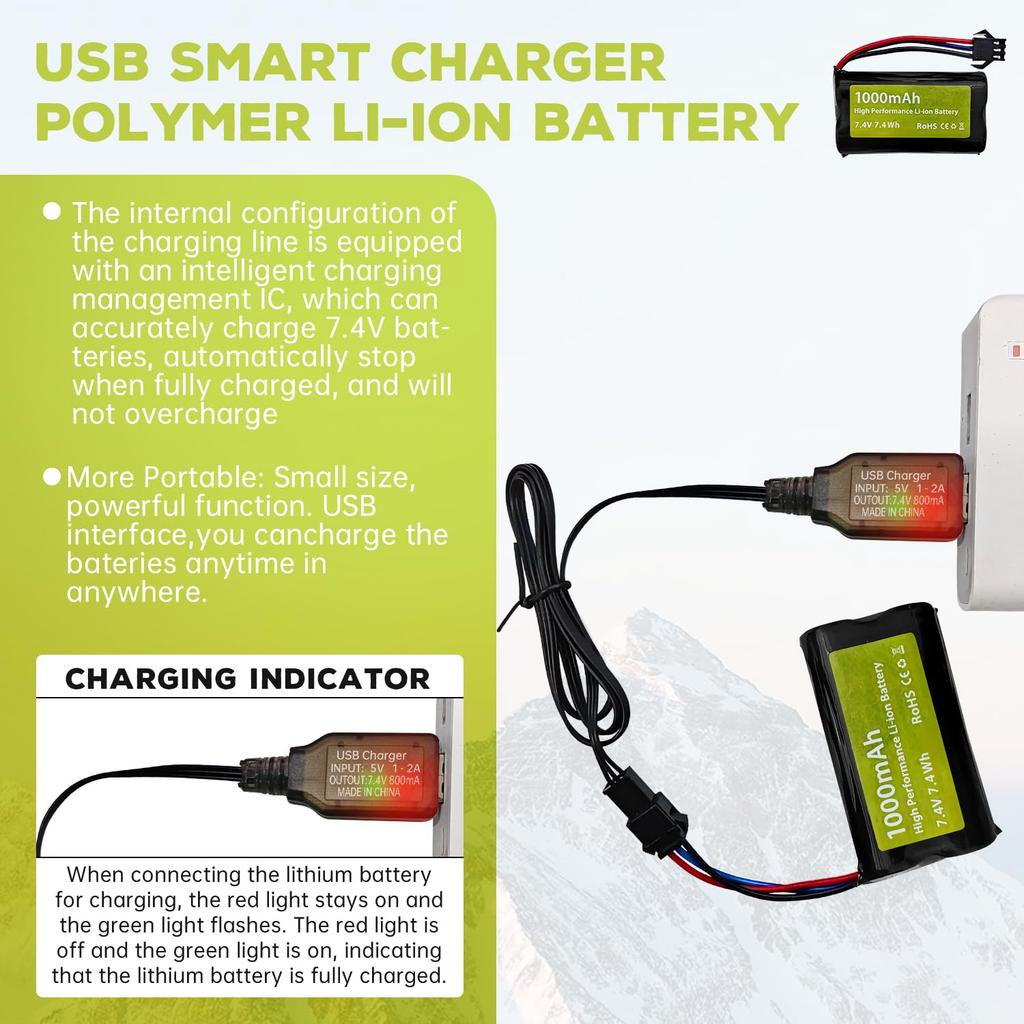 2 шт. 7,4 В 1000 мАч 2S Li-ion Аккумулятор со штекером SM-3P и USB-кабелем для DE82, TK3086B, G20601 RC Автомобиль с дистанционным управлением, TK-3082B, Специальный