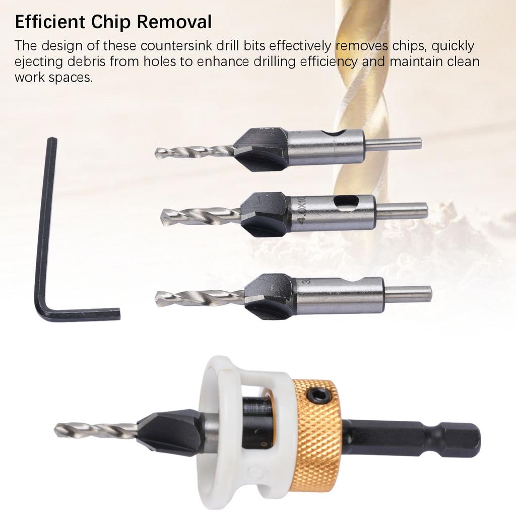 Набор зенковочных сверл по дереву 4 шт. 4 спиральных канавки хвостовик 6,25 мм регулируемая глубина ступенчатое сверло