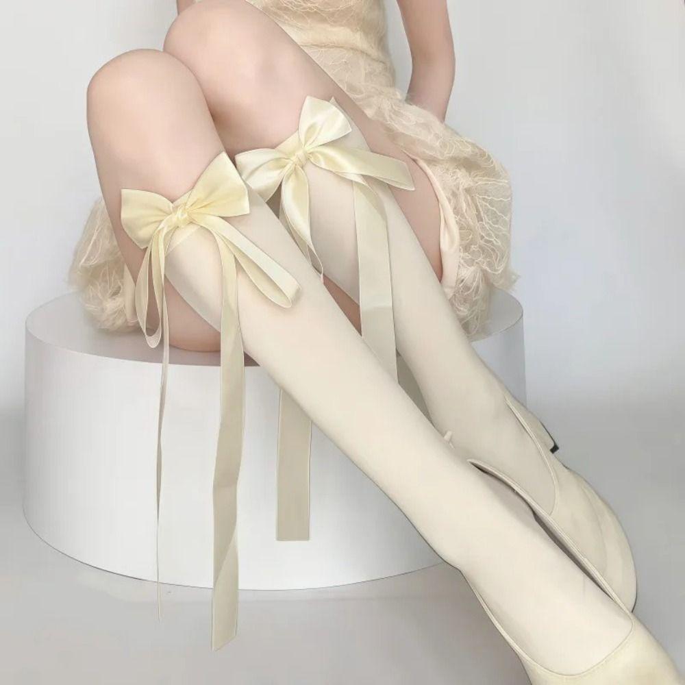 1Pair Black White Middle Tube Sock Nylon Bowknot Sock Sweet Harajuku Sock Spring Summer