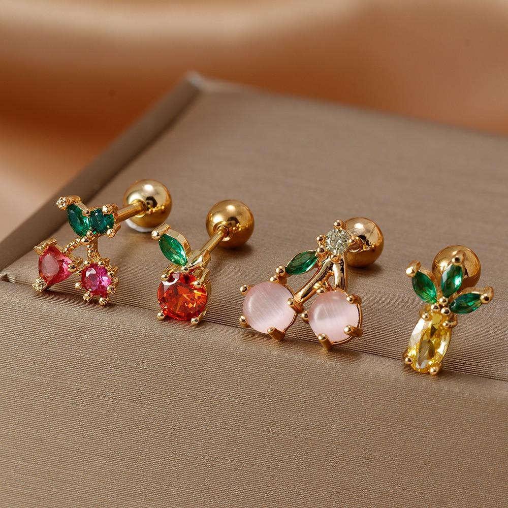 Fashion Stainless Steel Mini Zirconia Stud Earrings For Women Luxury Cute Fruits Helix Tragus Piercing Earrings Party Jewelry