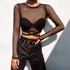 Black Mesh Long Sleeve Crop Top – Sexy Sheer Fishnet Round Neck Tie‑Front Slim Fit Women’s Clubwear